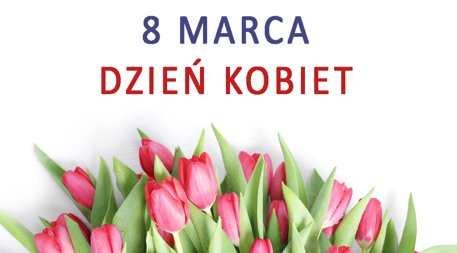 Bukiet różowych tulipanów rozłożony na białym tle nad nimi widnieje napis 8 marca dzień kobiet.