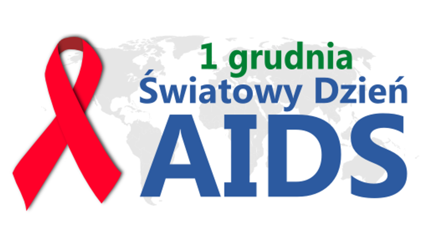 Obrazek w tle mapa świata na niej widnieje czerwona wstążka i napis 1 grudnia światowy dzień AIDS.