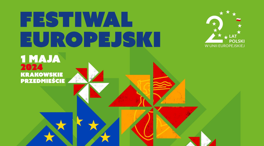1 maja 2024 rok - fesliwal europejski kolorowe trójkąty z flagą Polski oraz Unii Europejskiej