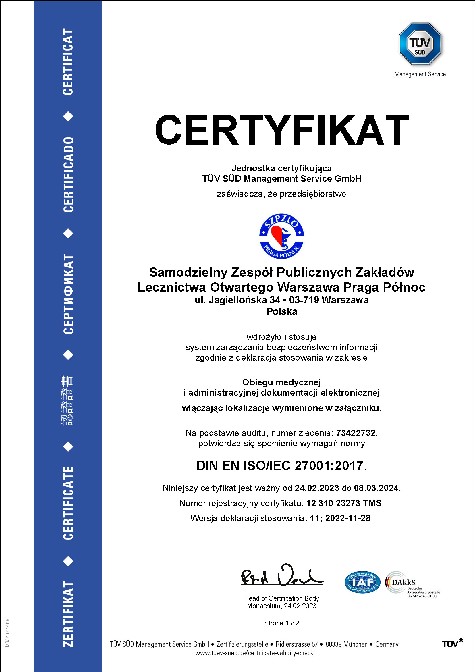 certyfikat jakości ISO 27001:2013
