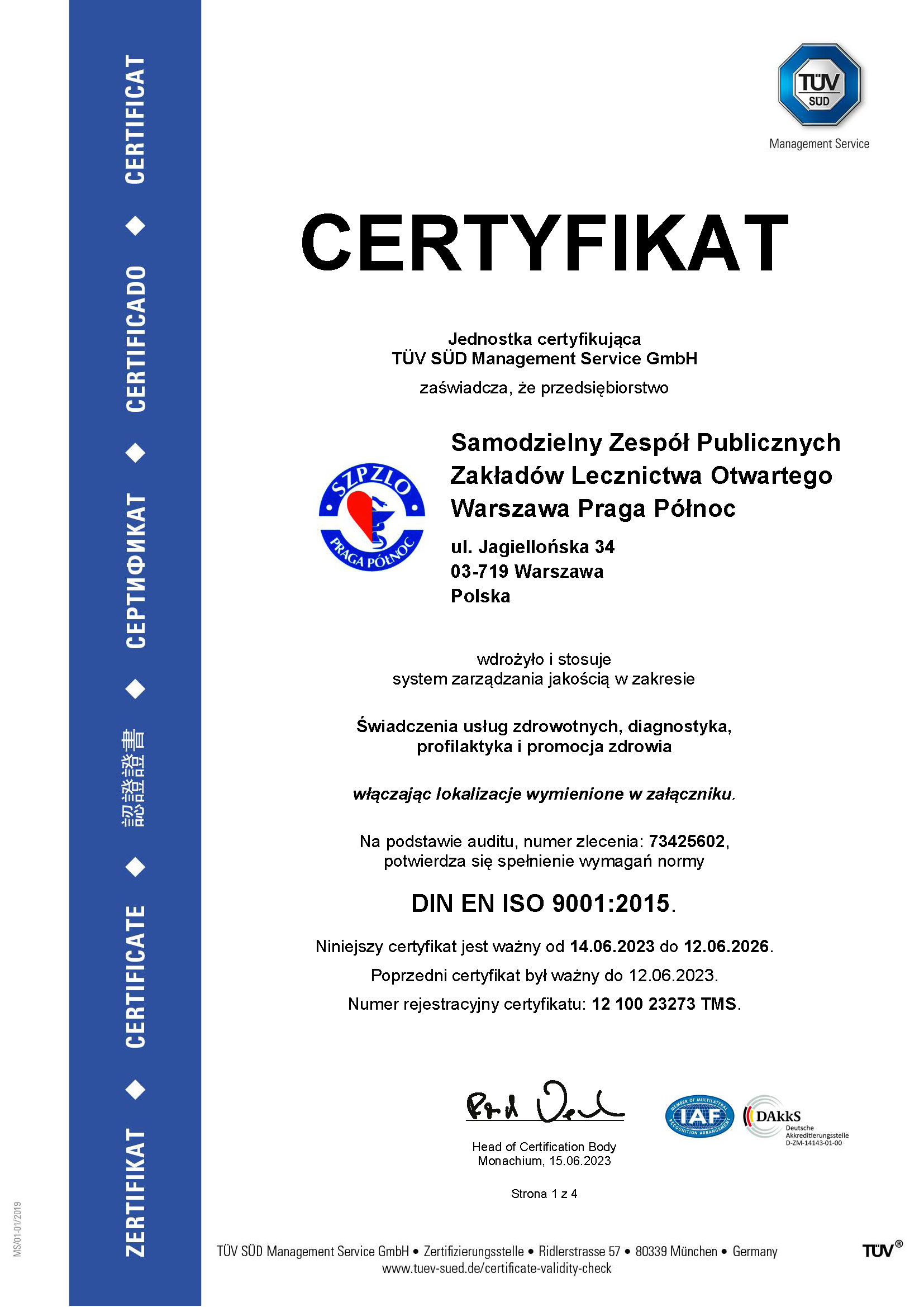 skan certyfikatu ISO 9001:2015